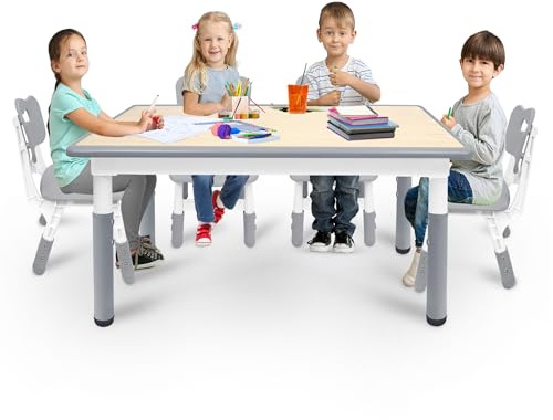 Yunvin Kids Table and 4 Chairs Set Seating Group Children furniture Height Adjustable Plastic Toddler Activity Table Drawing Desk for Eating Crafting Playing 100kg Capacity, Grey