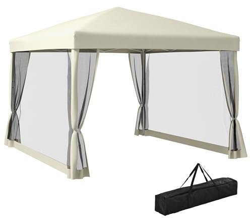 Outsunny Faltpavillon Pavillon Faltzelt mit Seitenwänden inkl. Tragetasche, Stahl+Oxford, Beige, 3x3x2,55m