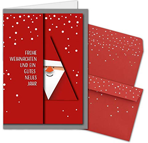 NEUSER PAPIER 100x Weihnachtskarten-Set DIN A6 mit rotem Weihnachtsmann Motiv - Faltkarten mit passenden Umschlägen - Modern Abstrakt - Weihnachtsgrüße für Firmen und Privat