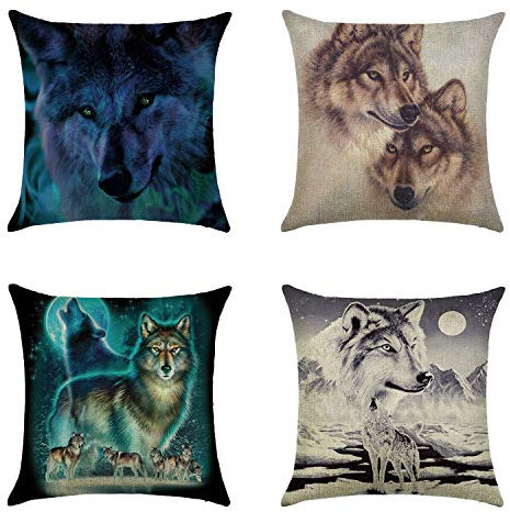 Hengjiang Kissenbezug mit Tiermotiv, Leopardenmotiv, Wolf, Tiger, Hase, doppelseitiger Druck, Baumwolle, Leinen, 45 cm x 45 cm (18 x 18 cm)
