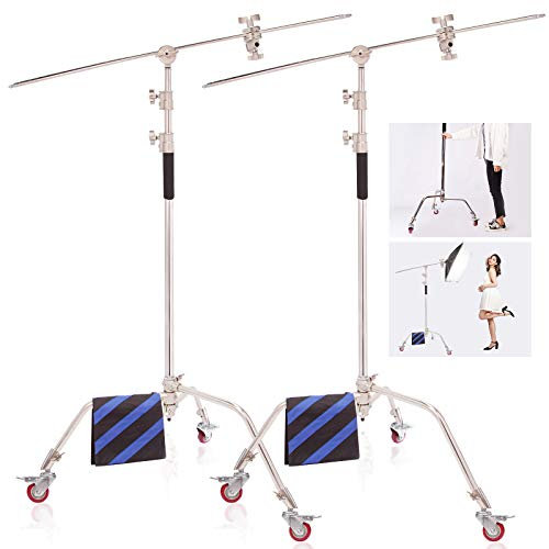 2 Piezas Soporte de Luz de Trabajo Pesado Altura MAX. 3 Metros Ajustable con 1,27 Metros Brazo Sosteniendo, Ruedas de Trípode, Saco y Kit de Cabezal de Agarre para Reflector, Monolight y Otros
