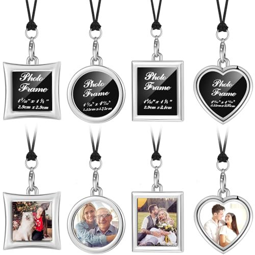 Valentinstag 4 Stücke Mini Fotorahmen Auto Rückspiegel Hängende Verzierung Metall Medaillon Fotorahmen mit 4 Stücke Wachsseile für Autospiegel, 4 Arten (Silber)