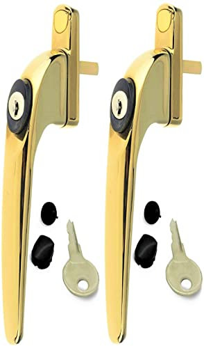 2 Heather UK Polished Gold Upvc Replacement Window Handles Double Glazing Brass Window Handles Gold UPVC Window Handle Gold and Spindle with Universal Key Brass Fixing Screws Left or Right (2, Gold)