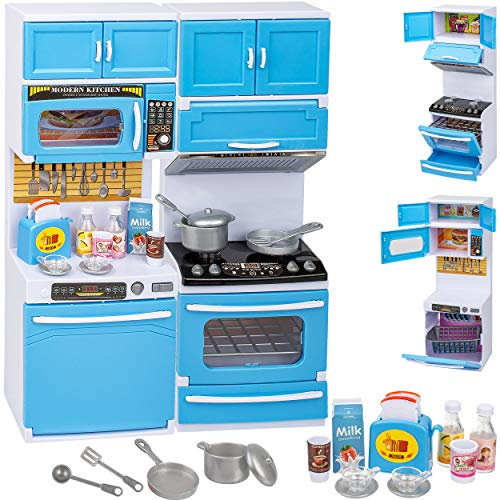 Puppenhaus Möbel - Sound & Licht - 31 cm groß - Backofen + Herd + Geschirrspüler + Mikrowelle - mit Zubehör - Miniatur Puppenstube Küche - passend für alle gä..