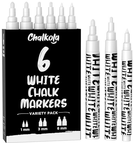 Chalkola Kreidestifte für Tafel Abwaschbar Weiß | 6 Kreidemarker Weiss 1mm, 3mm & 6mm Spitze | Kreidestift Weiß für Fenster, Tafel, als Glasstift | Chalk Markers für alle Altersgruppen