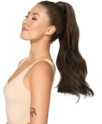 WENNALIFE Ponytail Extension Echthaar, 55cm 90g Schokoladenbraun Clip in Remy Haarteil zum Umwickeln