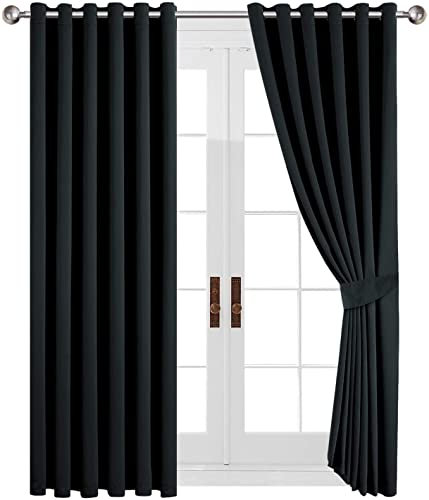 AMEHA Blackout Curtains for Bedroom - Black Thermal Curtains Eyelet 90x90 Drop Inch - Super Soft Window Treatment Living Room Black Out Curtain with Tie Backs, Pair Panel