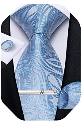 DiBanGu Light Blue Paisley Tie for Men and Tie Clip Silk Pocket Square Cufflinks Wedding Party Formal
