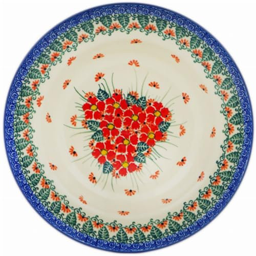 Authentic Polish Pottery Pasta Bowl 9-inch Signature UNIKAT in Pink Forget Me Not Design Handmade in Bolesławiec Poland by Ceramika Artystyczna + Certificate of Authenticity