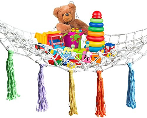 Spielzeug-Hängematte, Teddy-Aufbewahrungsnetz, Boho-Makramee-Spielzeugnetz-Hängematte für Kuscheltiere mit Quasten, Stofftier-Aufbewahrung für Kinderzimmer, Spielzimmer, Schlafzimmer