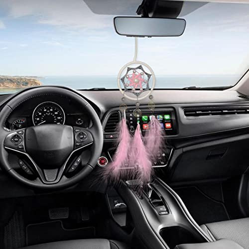 PTNKUIIY Bohemian Dekoration, Handgefertigt Traumfänger Dreamcatcher mit Federn Auto Innen Rückspiegel Hängende Ornament Dekoration für für Mädchen Hauptdekoration Wanddekoration Schlafzimmer,Rosa