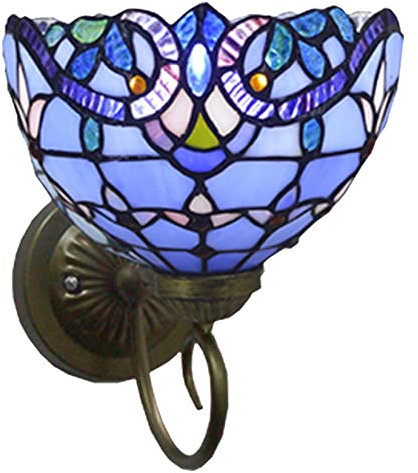 BOTOWI Wandleuchte, Tiffany -Stil Buntglas Wandleuchte, blau mediterrane Barocklampenschattenwandlampe, nach Oben oder unten verstellbar 1 Licht, Tiffany antike Messingwandhalterung Lampe