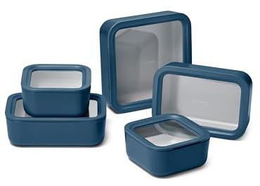 Caraway Glass Food Storage Set, 14 Pieces - Ceramic Coated Food Containers - Easy to Store, Non Toxic Lunch Box Containers with Glass Lids - Includes Storage Organizer & Dot & Dash Inserts - Navy