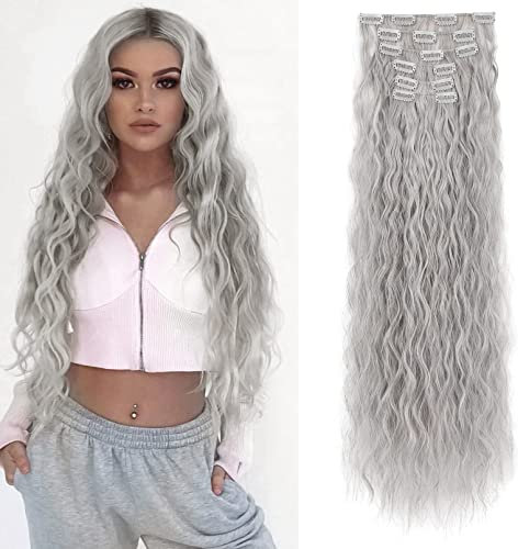 FLUFYMOOZ Clip in Extensions, 61cm 6PCS Lange gewellt Wellige Clip in Haarverlängerungen Dickes Natürliches Weiches Synthetisches Haarteil Für Frauen Mädchen Grau/Silber/Weiß gemischt