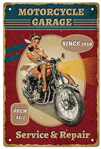 SUPERDANT Blechschild Motorrad Garage Open 24/7 Metallschild Mädchen Auf Dem Motorrad Retro Blechschilder Lustige Metallschilder Für Motorradwerkstatt Geschäft Raumdekoration