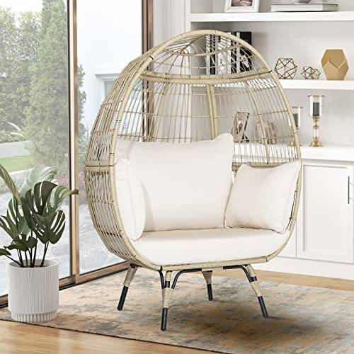 GIANTEX Chaise en forme d'œuf en rotin et structure en métal, fauteuils en forme d'œuf avec coussins rembourrés pour intérieur et extérieur, chaise d'extérieur avec support pour patio
