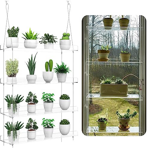 Estantes colgantes transparentes para plantas, estante de acrílico de 4 niveles para ventana de cocina, jardines interiores, flores, suculentas, hierbas, organización de plántulas y exhibición de