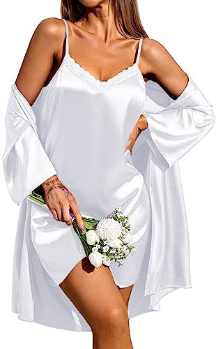 Ekouaer Camicia da notte da donna in raso senza maniche Camicia da notte e vestaglia Pigiama da notte in due pezzi bianco L