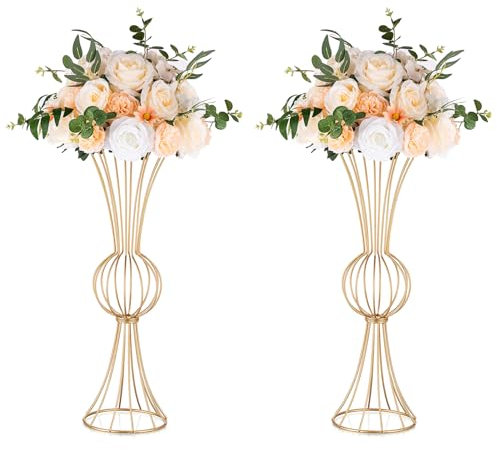 NUPTIO Vase Gold Hochzeit Tischdeko: 2 Stück 60cm Hoch Blumenständer Hochzeitsdekoration Metall Trompetenvasen Geometrische Tischdekoration Ständer Geburtstag Party Gang Esszimmerdekoration