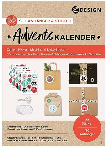 AVERY Zweckform Set Adventskalender Zahlen Anhänger (36 runde Anhänger ⌀60mm, mit Zahlenaufklebern 1-24 und Deko Stickern für Kalender zum selber basteln für Weihnachten, Nummern für Tüten) Art. 51055