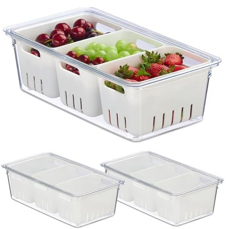 Relaxdays Juego frigorífico Organizador Nevera, Set 3, Apilable, 3 Cestas Escurridoras, Almacenaje Alimentos con Tapa, Transparente/Blanco, 10 x 32 x 17,5 cm