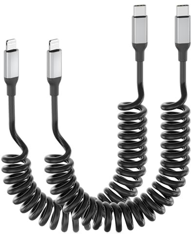 Acecene Lot de 2 câbles spiralés USB C vers Lightning - Certifié MFi - Court - 2,4 A - USB C vers Lightning - Pour iPhone 14 13 12 11 Pro Max X XS XR 8 7 6 Plus SE - Noir