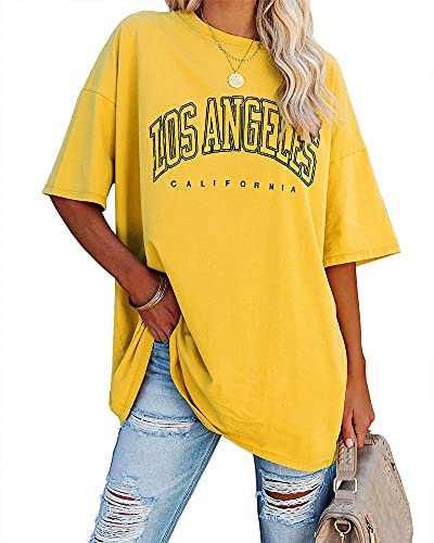 Ebifin Oversize T Shirt Damen Vintage Kurzärmeliges Rundhals Los Angeles Oberteile Tops Casual Lockere Basic Sommer Tee Shirts Bluse.Gelb.S