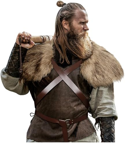 Joukavor Wikinger-Kunstfellkragen mit Gürtelschnalle, mittelalterlicher Ritter, Schulter-Wickeltuch, Kriegerumhang, Winterschal, LARP, Cosplay-Kostüm