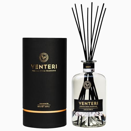 Luxus Raumduft-Set 500ml, Venteri Grey - Holzig & Zitrone | Natürlicher Raumduft ohne Chemie | Room Fragrance mit 8 Duftstäbchen & Eleganter Glasdiffusor - Ideal für eine erfrischende Atmos
