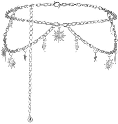 GEEHUA Double Layer Metal Chain Belt, Moon Star Waist Chain Fashion Link Belt Skinny Dress Waist Chain Belt For Women(Silver)