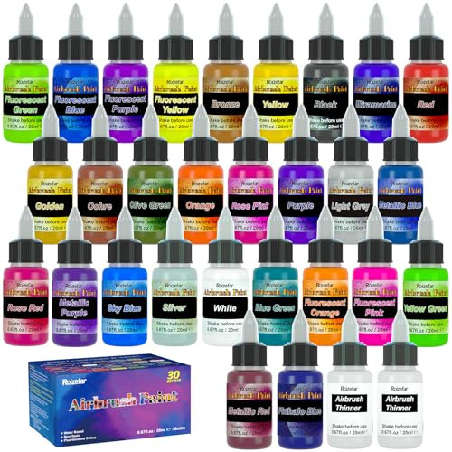 Roizefar Pintura Para Aerógrafo, Kit De Pintura Para Aerógrafo, Pinturas Acrílicas + Diluyentes Para Aerógrafo, 20 ml/Botella (28 Pinturas Acrílicas + 2 Diluyentes)