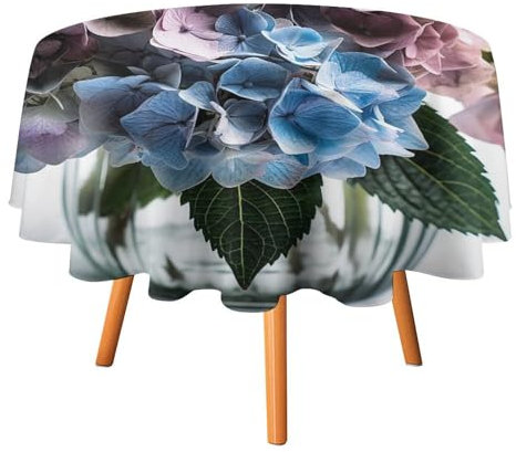 JKLPOMN Runde Picknick-Tischdecke, Hortensien-Blumen in Vase, bedruckte Tischabdeckung, für den Außenbereich, wasserdicht, öldicht, Beistelltischdecke, tragbar, für drinnen und draußen
