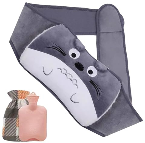 Wärmflasche Wärmflaschengürtel, Wärmflasche mit Weichem Plüschbezug aus Gummi mit weichem Taillen-Bezug, Wärmflaschengürtel für Nacken, Schulter, Rücken und Beine (Grau-Totoro)