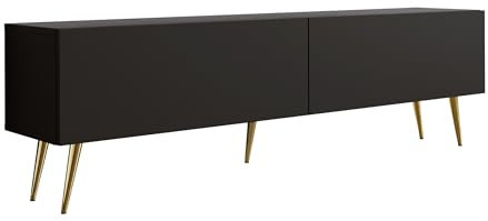 3E 3xE living.com Meuble TV : Deux Portes, Deux étagères, Couleur : Noir Mat, Pieds dorés D : L : 170 cm, H : 52 cm, P : 32 cm