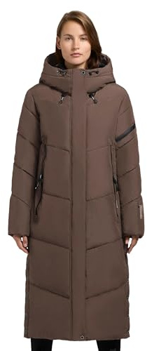 khujo Damen Wintermantel warmer Steppmantel extra lang mit zahlreichen Taschen und großer Kapuze Sonje6-YM Stone Taupe Gr. S