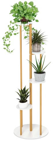 COSTWAY Tall Plant Stand, 5 Tiers Flower Rack with Foot Pads, Metal Display Pot Shelf Holder for Balcony Living Room Yard (White + Golden)