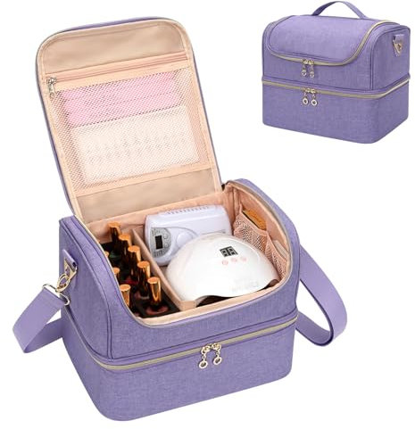 Nail Polish Organiser, Nail Varnish Storage Box Holds 45 Bottles Nail Polish & Nail Lamp, Nail Tech Travel Case, Nail Kit Carrying Bag for Nail Stuff & Manicure Tools (Purple, 45 Slots)