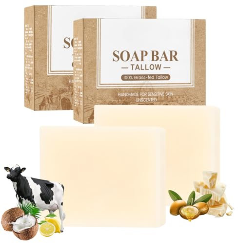 2pcs Beef Tallow Skin Care Soap - Tallow Soap Bar - Deep Cleaning Unscented Soaps for Face,Body,Hand,Leg - Tallows Balm So-ap - Grass Fed Beef Tallows Soaps - Women,Men Daily Care Use