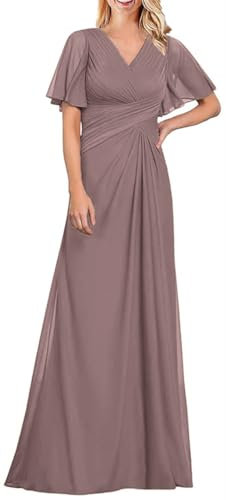 WSEYU Abiti da sposa con scollo a V e maniche in chiffon abiti da damigella d'onore per abiti da sposa lunghi formali, Rosa antico, 38