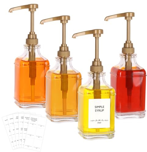 SZUAH Lot de 4 distributeurs de sirop à café avec pompes (480 ml), distributeurs de sirop étanches pour bar à café, cuisine et utilisation commerciale avec autocollants