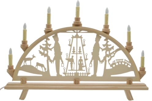Erzwelt - Lichterbogen DBR55 – Motiv Pyramide mit zwei Bergmänner | 55 x 37 x 5 cm – Schwibbogen aus Holz – Leuchtbogen mit 7 Kerzen – Original Erzgebirge Fensterbogen – Weihnachtsdeko