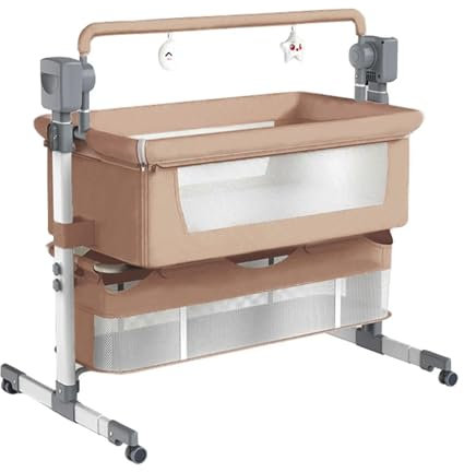 Dziranam Beistellbett Baby, Stubenwagen Baby mit Rollen, Atmungsaktives Netzgewebe, Sicheres und Stabiles Design, Babybett mit 5 Schaukelmodi(BRAUN)