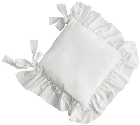 Kuntesetty Stuhlkissen mit Rüschen und Reißverschluss, Set Sitzkissen Gemütliche Stuhlkissen mit Bindebänder, rutschfest für Zeremonien und Küchendekor Kissenbezüge mit Kissen, Weiß