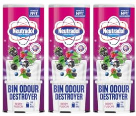 Neutradol Dustbin Odour Destroyer, Bin Freshener Deodorising Powder, Odour Eliminator for Indoor & Outdoor Bins, Multipack of 3 x 350g (Berry Fusion)