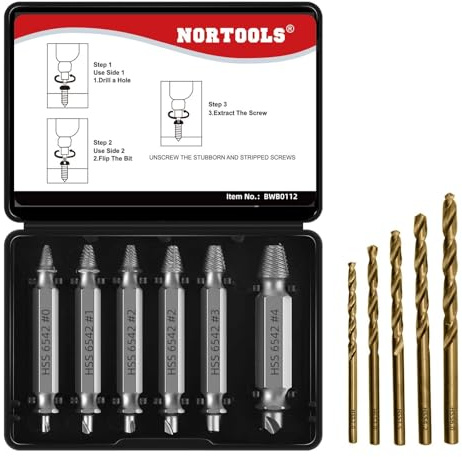 NORTOOLS Schraubenausdreher-Set für beschädigte Schrauben, verbessertes Modell HSS 6542, 11 Stück abisolierte Schrauben, Muttern und Bolzen mit 5 Spiralbohrern zum Entfernen von verrosteten und