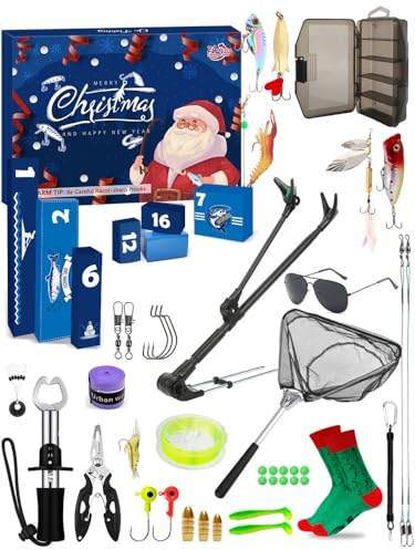 Fischerei Adventskalender 2025 für Männer, Adventskalender Fischerei Weihnachten Countdown, 24 Tage Angelköder mit Fischereistabhalter, Fischlippengreifer, Hakenstufe, für Vater, Ehemann oder Freund