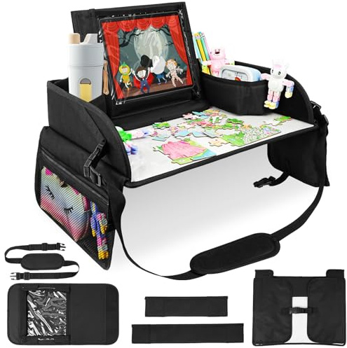 Adiwo Travel Desk, Travel Tray for Car Seat, Lap Tray for Airplane and Road Trips, Multifunctional Tray Table with Erasable Drawing Pad, Adjustable Straps to Prevent Shaking, Black