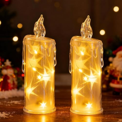 Weihnachtsdeko LED Kerzen Sterne, Flammenlose LED Kerzen Weihnachten Stumpen, LED-Weihnachtskerzen mit Batterie, Elektrische Kerze Flackernde Flamme, Weihnachtsdeko Innen Tisch Warmweiß, 2PCS (A)