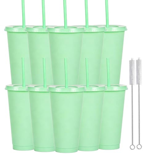 Yisituo 24 oz Reusable Plastic Cups, 10 Pack Cold Cups with Lid and Straw, Tumblers Travel Mugs for Adults and Madam Party and Beach, Pool Gatherings (10, Light Green)