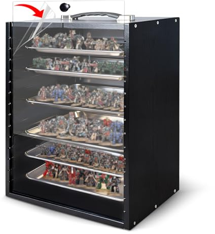 SUNDOY Wooden Miniature Carrying Case with 6 Removable Trays, Miniature Storage & Display Case for Tabletop Miniatures & Collectible Models, Portable Transport Box (Black)